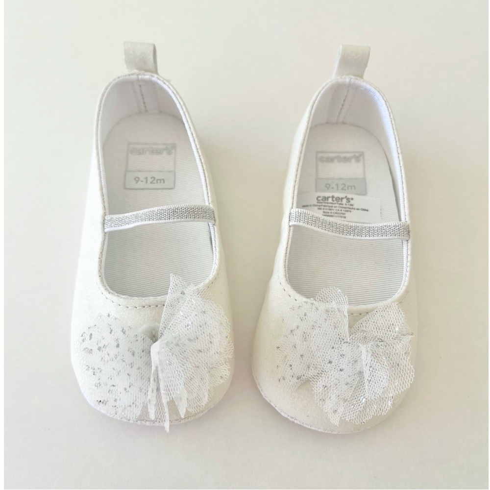 Carter's White Baby Girl Tulle Bow Mary Jane Shoes, Silver Glitter, 9-12 Months